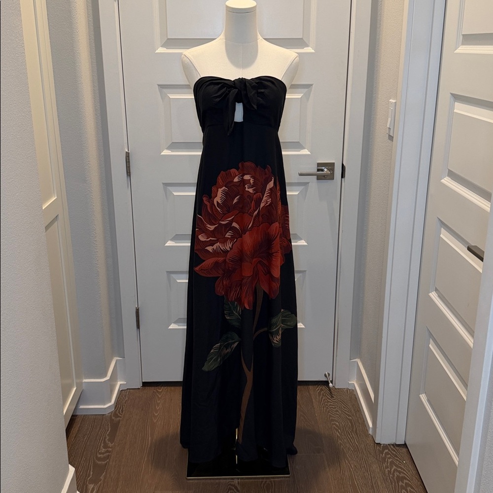 SOLD - FARM Rio Black Strapless Dress with Red Floral Design Size M - Picture 5 of 10